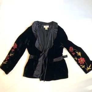 Susan Bristol Vintage Velvet Black Jacket with Flower Embroidery Size M